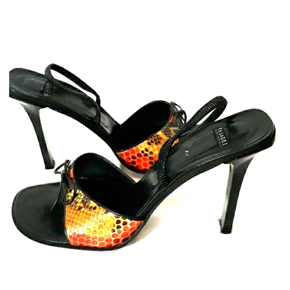 Casadei leather and snake skin sling back sandals.